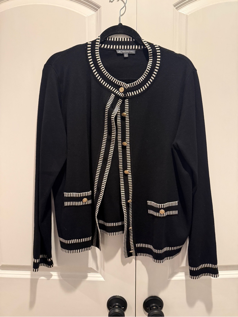 Adrianna Papell Black and White Striped Trim Cardigan